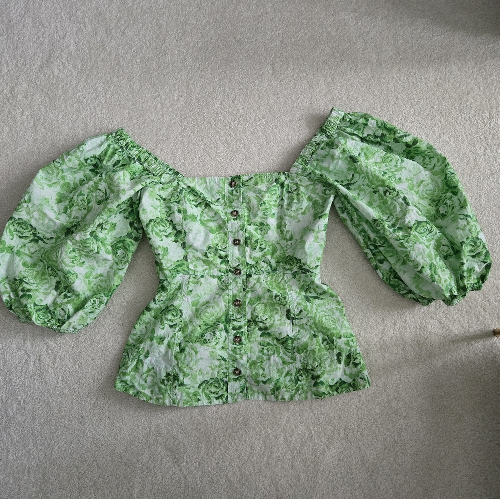 Ganni Green Floral Top Xs